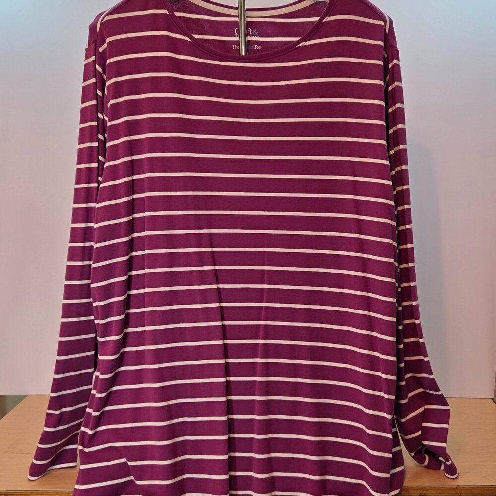 Croft & Barrow Classic Tee, 2X, Long Sleeve, Magenta/Purple & White Stripes